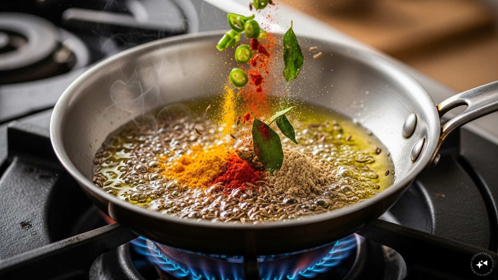 Once they splutter, add the green chillies, turmeric powder, chilli powder, coriander powder, curry leaves, and asafoetida. Fry for few seconds. 