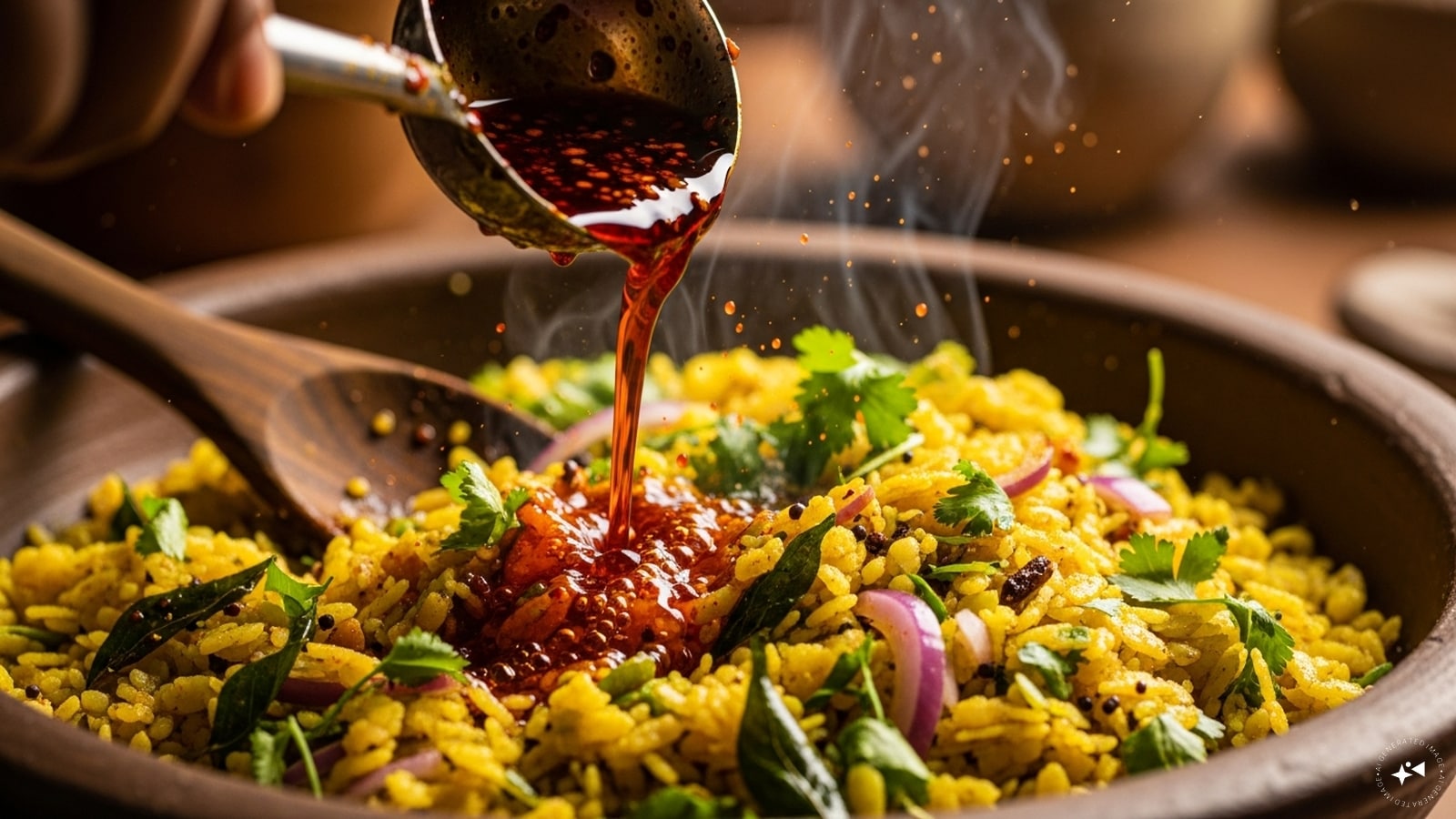 Now, pour the hot and spicy oil over the poha mixture and mix everything. Add some peanuts on top.