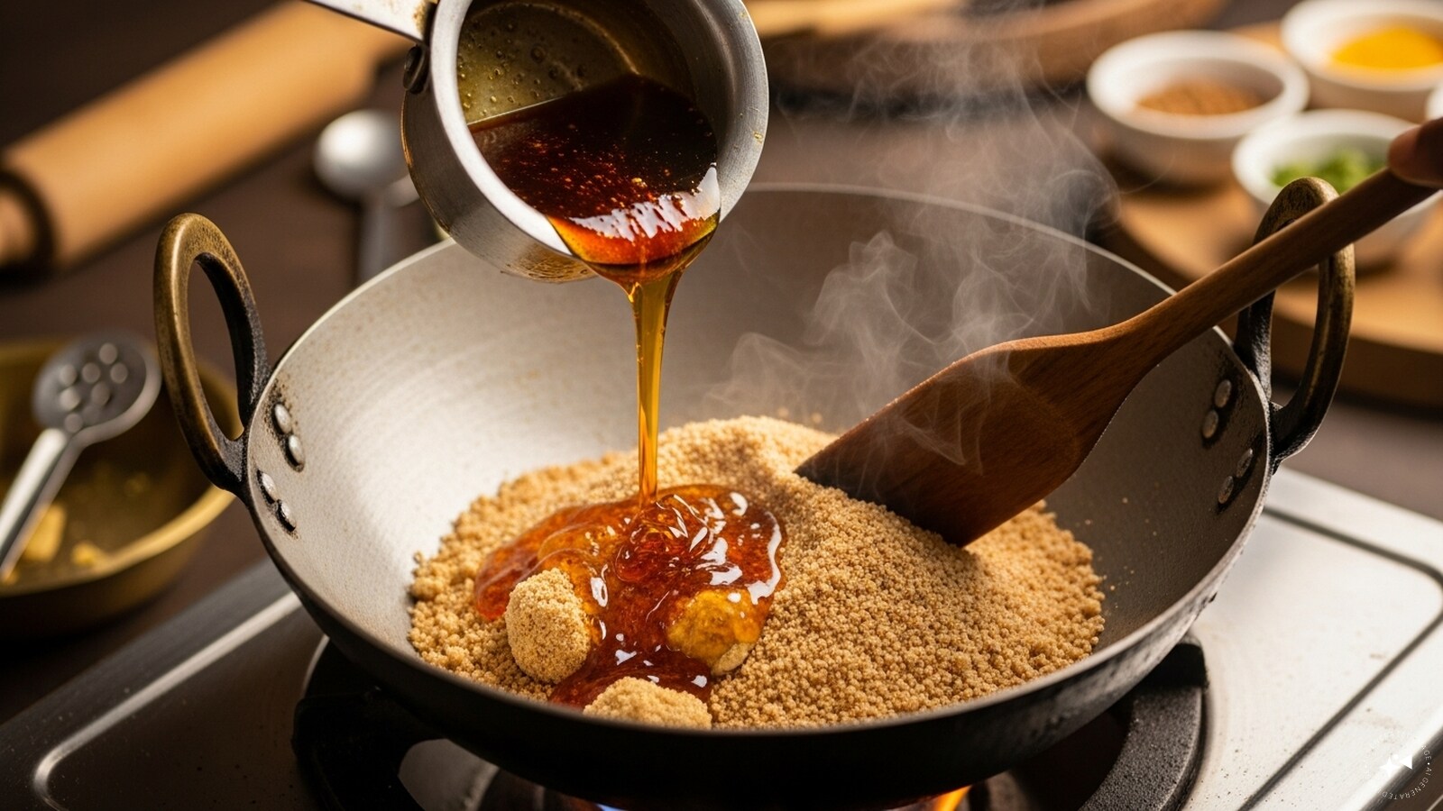  Slowly pour hot jaggery syrup on the roasted atta or suji, while mixing constantly to avoid lumps. 