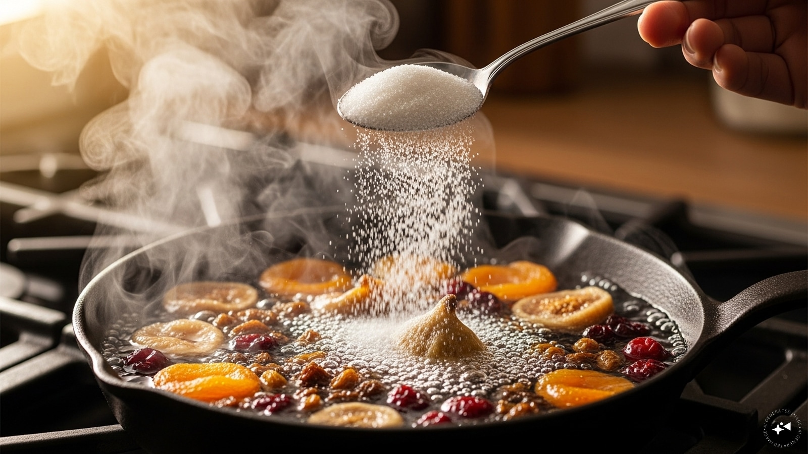 Firstly, heat some water in a pan and add dried fruits and sugar till the sugar dissolves. 