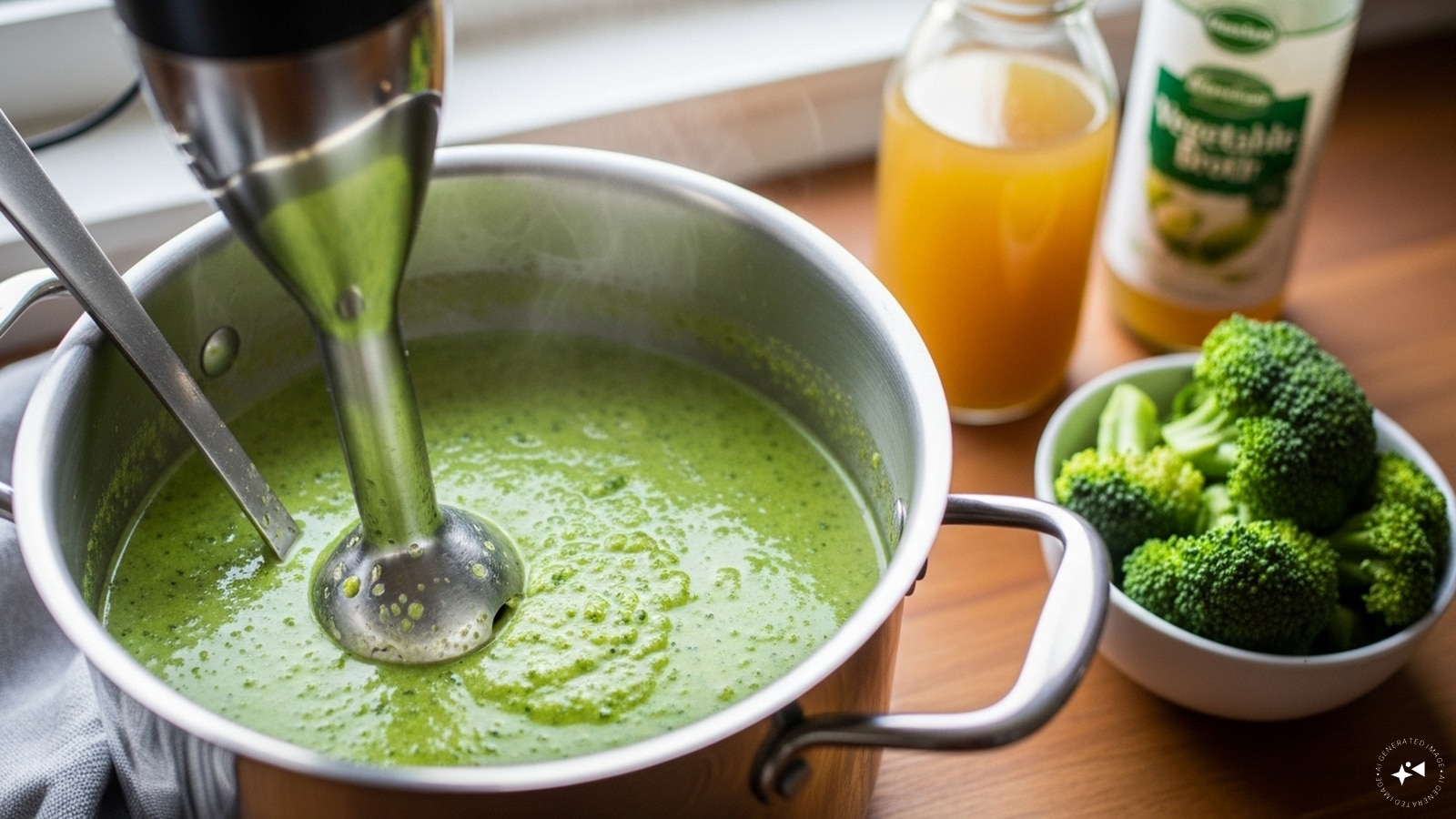 Add veggie broth and chopped broccoli. Bring it to a gentle boil. Lower the heat and simmer until the broccoli is soft. Blend with a hand blender until nearly smooth. Add veggie broth and chopped broccoli. Bring it to a gentle boil. Lower the heat and simmer until the broccoli is soft. Blend with a hand blender until nearly smooth.
