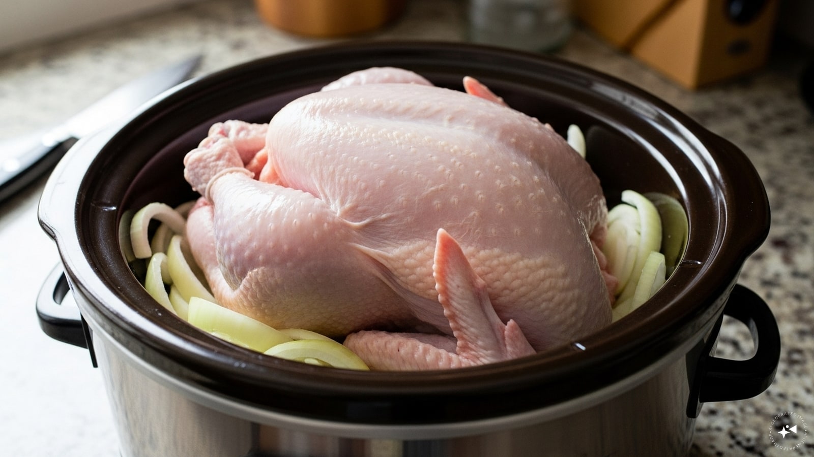 Step 1: Scatter the onion over the base of a slow cooker. Remove any trussing string from the chicken and place, breast-side up, on top.