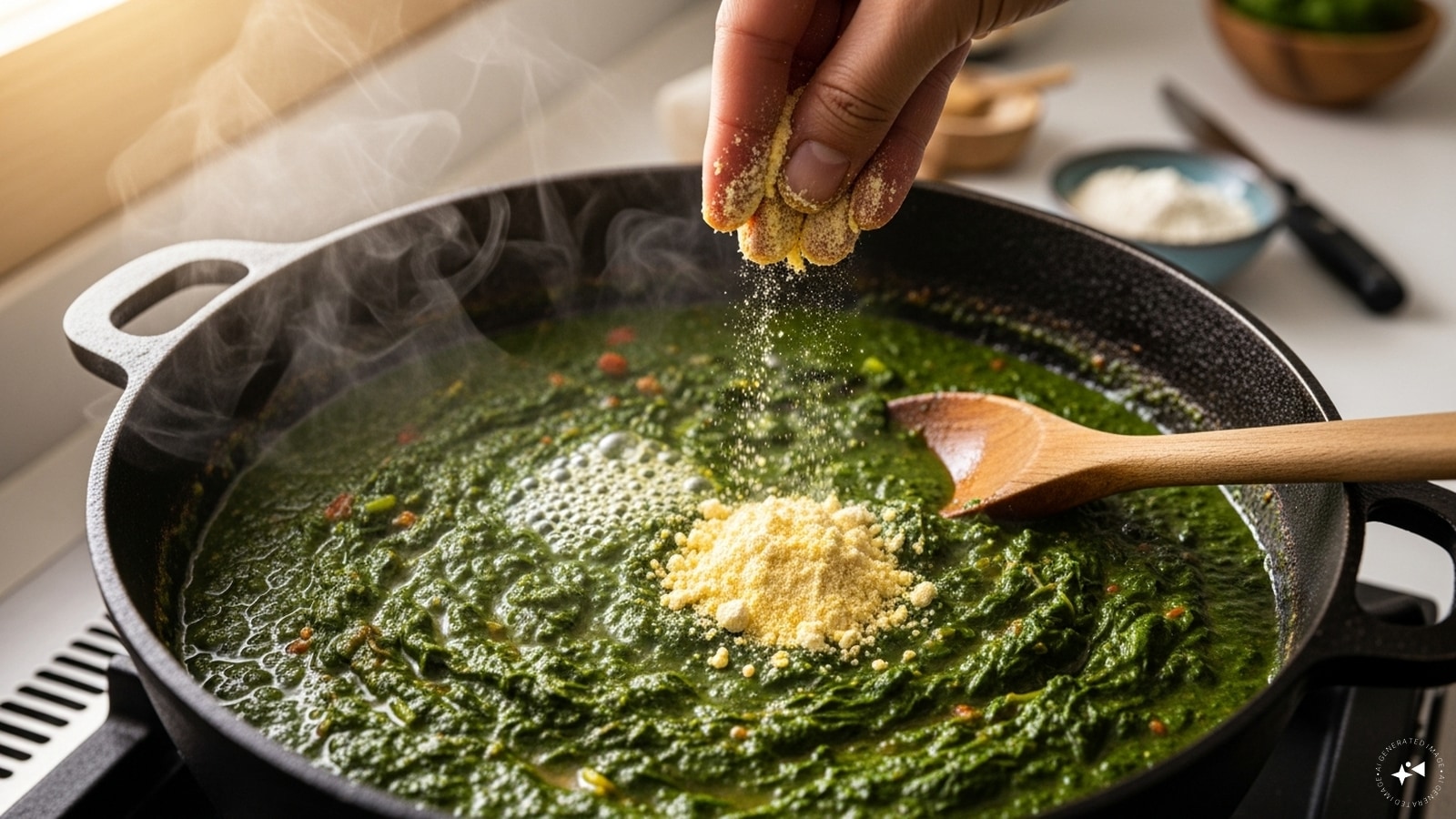 Add makki ka atta to thicken the saag and cook for a few minutes.