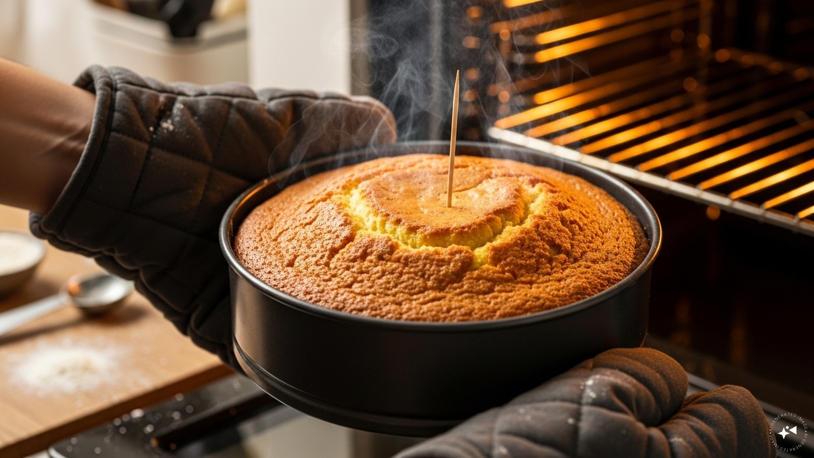  Step 6: Pour the batter into the prepared cake pan and bake in the oven for 22-25 minutes, or until a toothpick inserted comes out clean. The cake may be slightly moist, but not wet. The top should be golden brown or lightly tanned, signalling that it’s ready.