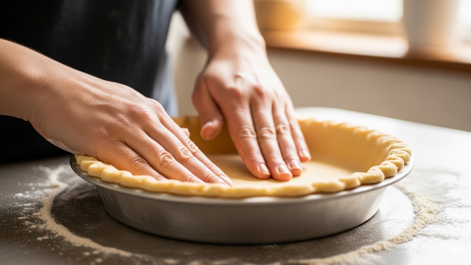 Settle the bottom crust in the pie plate and smooth out the surface to get rid of any air pockets. 