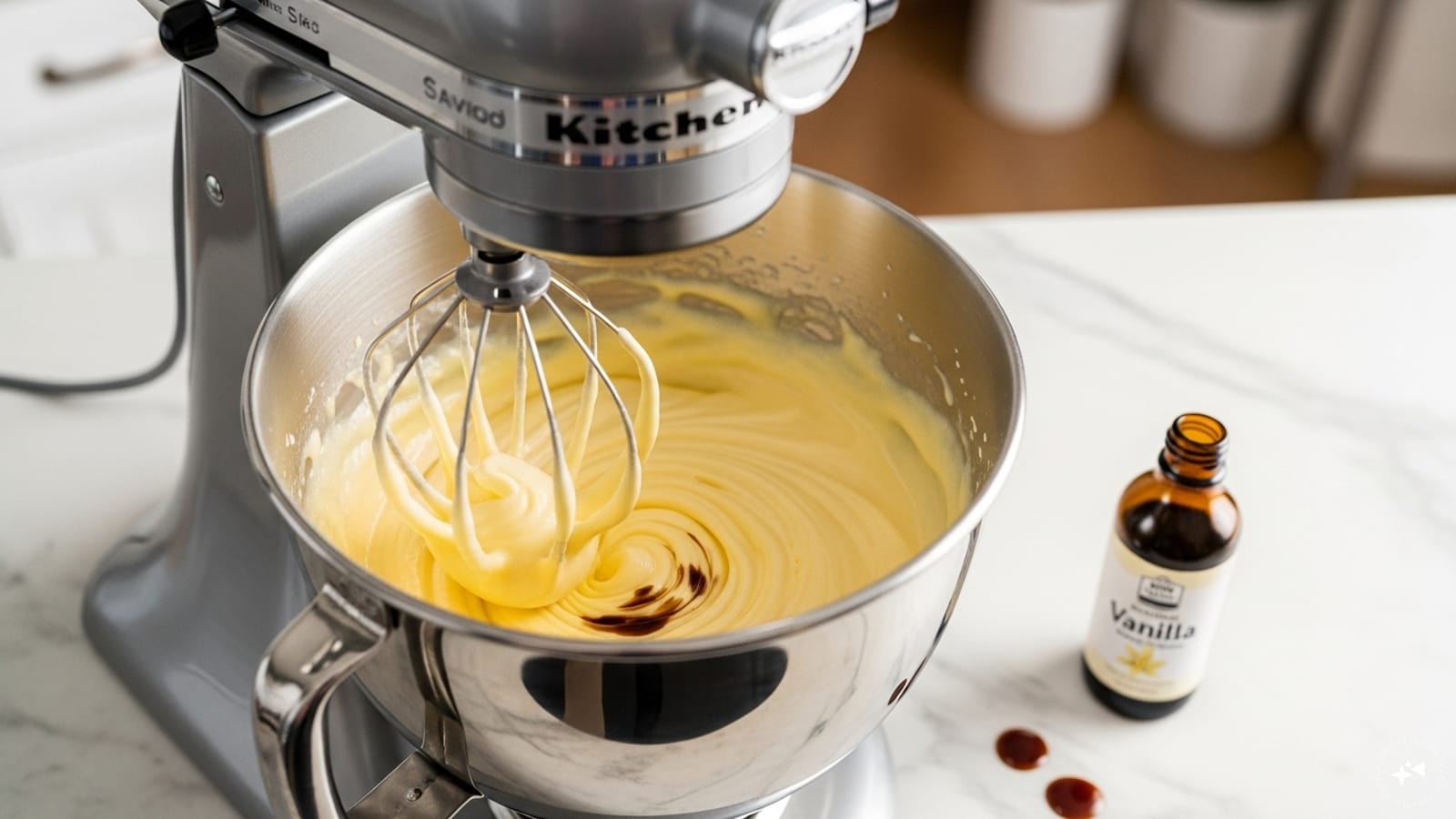Step 4: Rinse the mixer bowl and its whisk. Now, pour the egg yolks into the bowl and beat on medium-high speed for about 5-6 minutes, or until the yolks become creamy and puffy and their colour has tonned down to an almost cream colour rather than a loud yellow. Stir in the vanilla and continue beating for another mixture. 