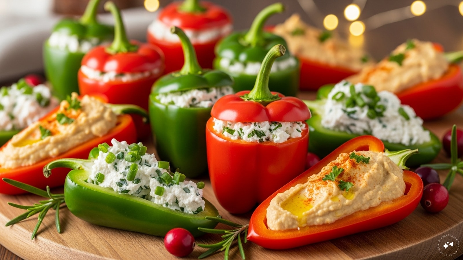  Stuffed Mini Peppers: Fill mini bell peppers with cream cheese, herbs, or hummus. Their vibrant red and green colours make them perfect for Christmas-themed appetizers. They’re fresh, tasty, and easy for guests to grab and enjoy.