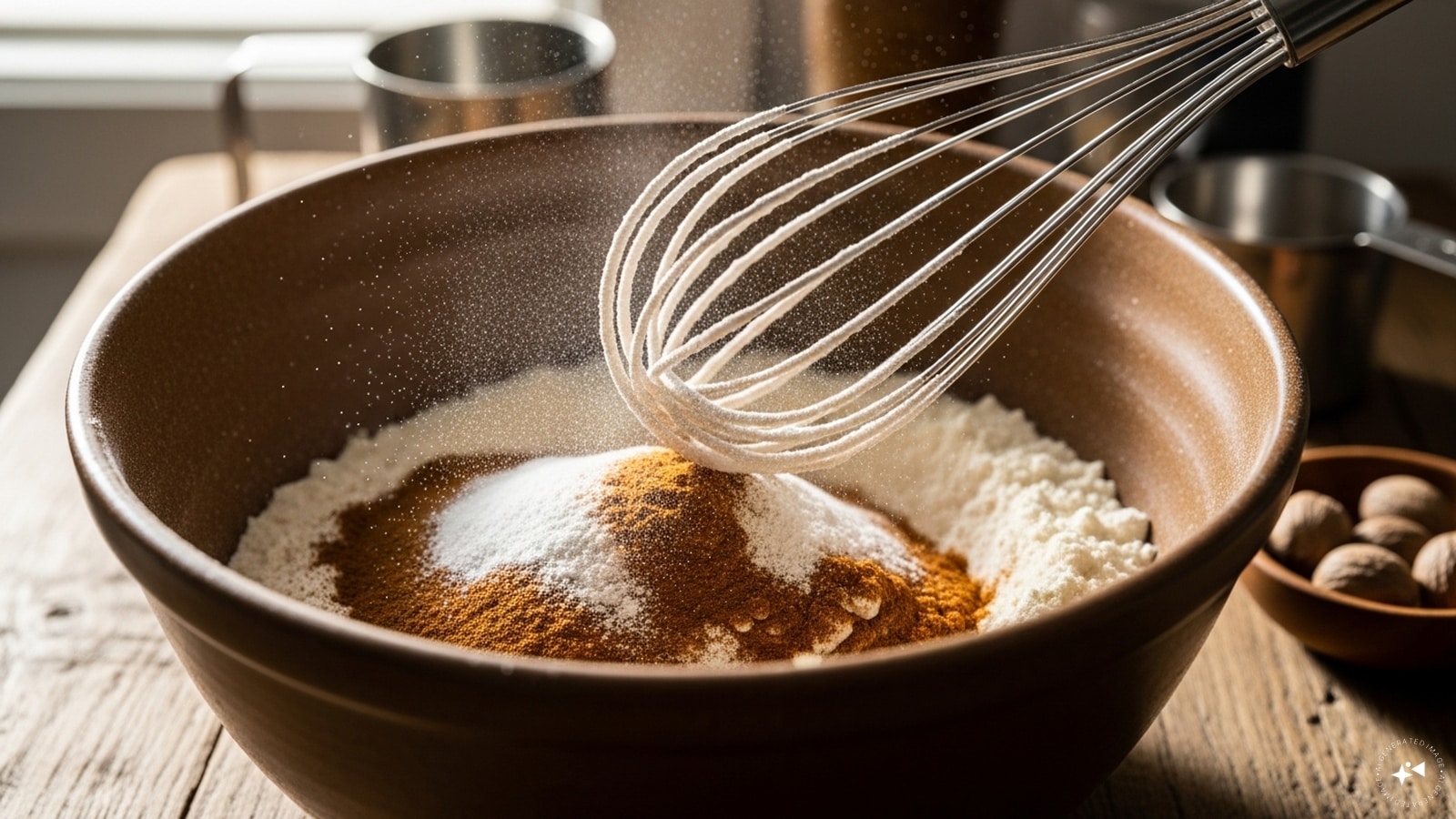 Whisk the dry ingredients like flour, baking soda, cinnamon, and nutmeg together. 