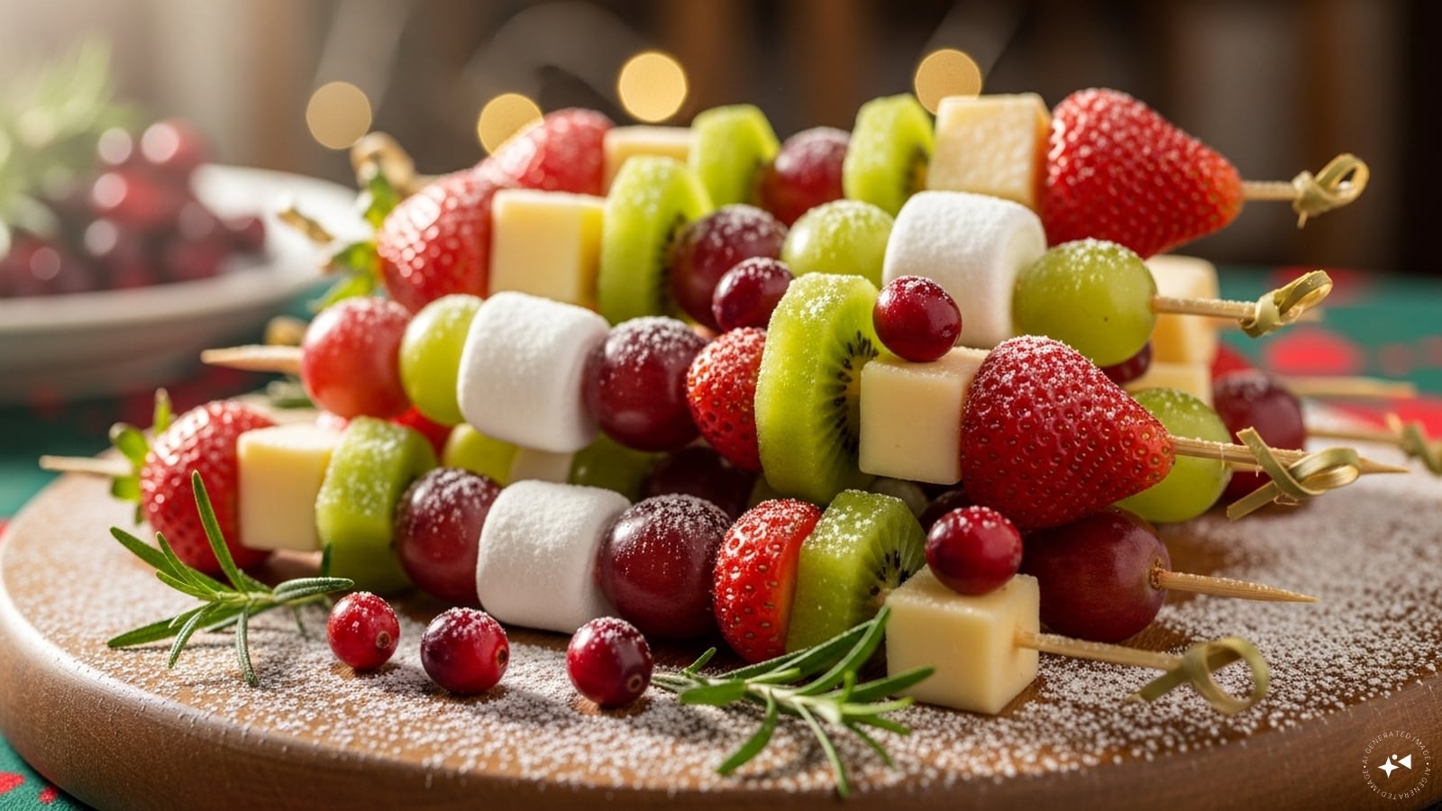  Holiday Fruit Skewers: Thread red and green fruits like strawberries, grapes, and kiwi onto skewers. Add mini marshmallows or cubes of cheese for variety. These colorful snacks are healthy, fun to eat, and visually festive for holiday platters.