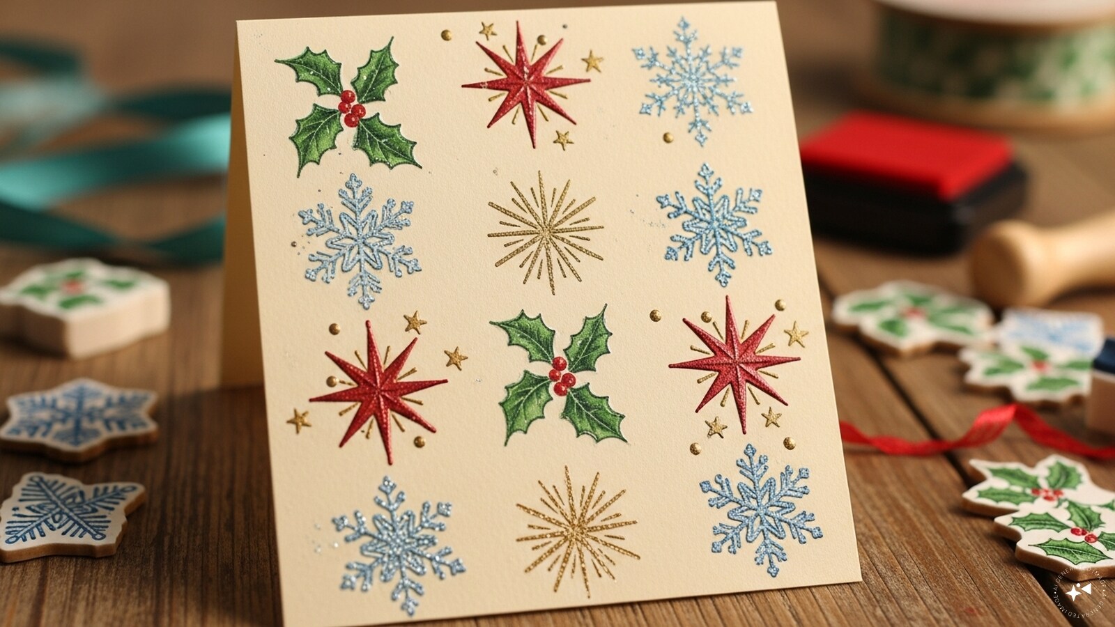 Hand-Stamped Pattern Card: Use stamps to create repeated patterns on your card. Snowflakes, stars, or holly leaves work beautifully. Experiment with ink colors and layering for depth and texture. You can also combine stamping with handwritten messages or small doodles. Hand-stamped cards have a charming, handcrafted quality that feels warm and personal.