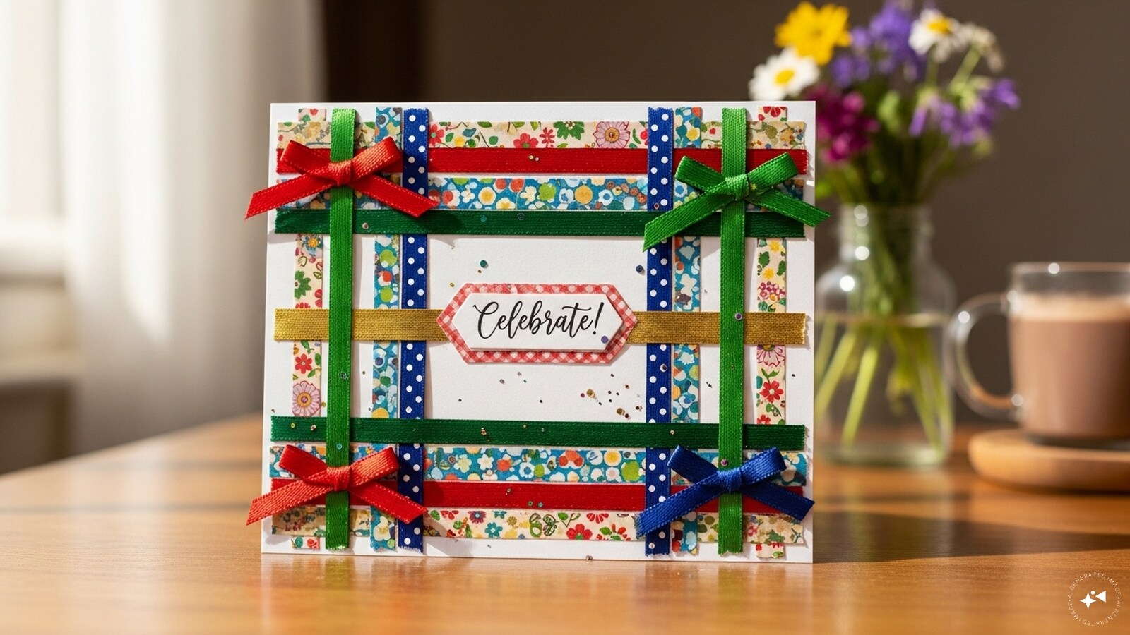 Ribbon and Washi Tape Card: Use colourful ribbons or washi tape to create festive patterns or borders on your card. Make stripes, chevrons, or even Christmas tree shapes. Combine textures and colours for a layered, modern look. This method is perfect for those who want a stylish card without complicated tools or techniques, yet still very visually striking.