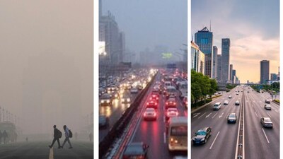 Delhi's air quality was very poor (extreme left) on Wednesday; Beijing's improvement in pictures. (PTI/X)