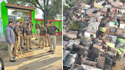 Police officials during the raid in Devras, UP. (News18)
