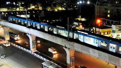 Hyderabad: A Metro train during its trial run from Nagole to Metuguda in Secundrabad. (PTI)