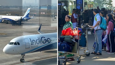 Stranded passengers at Birsa Munda Airport amid IndiGo flight disruptions, in Ranchi on Sunday. (PTI)