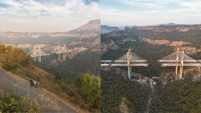 The images show the two ends of the bridge gradually moving towards completion. (Photo Credits: X/@Sahilinfra2)