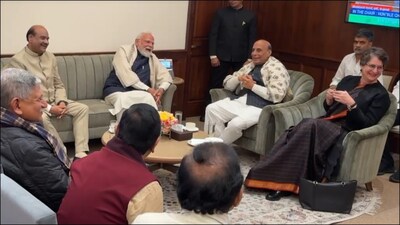 Congress leader Priyanka Gandhi with PM Modi, Defence Minister Rajnath Singh and Lok Sabha Speaker Om Birla. 