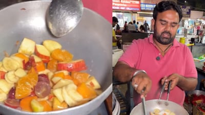 The vendor adds a plate of fruit to make the gravy for momo. (Photo Credit: Instagram)