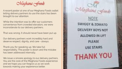 Meghana Foods apologised for a discriminatory notice at its outlet that denied lift to Zomato and Swiggy delivery agents. (Photo / Reddit)