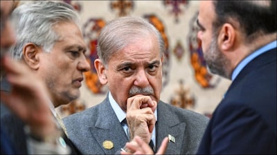 Pakistani Prime Minister Shehbaz Sharif waits before a meeting with Russian President Vladimir Putin in Ashgabat, Turkmenistan. (Reuters)