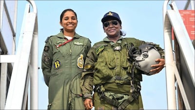 Indian Air Force pilot Shivangi Singh with President Droupadi Murmu at Air Force Station Ambala. (PTI/File)