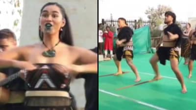 Tribals performing Haka at Medaram temple premises. (Image: PTI)