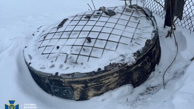 This photograph, taken and released by the Ukrainian Security Service on January 9, 2026 reportedly shows a fragment of a Russian Oreshnik ballistic missile at an undisclosed location, said to have been used for only the second known time in a strike on the western Lviv region overnight, amid the Russian invasion of Ukraine. (Photo by Handout / UKRAINIAN SECURITY SERVICE / AFP) 
