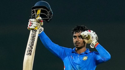 Aman Mokhade celebrates his century during the Vijay Hazare Trophy semifinal. (PTI Photo)