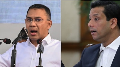 A collage featuring Tarique Rahman and Sajeeb Wazed, sons of former prime ministers Khaleda Zia and Sheikh Hasina, as political debate intensifies ahead of Bangladesh’s February elections. (IMAGE: AFP/REUTERS) 