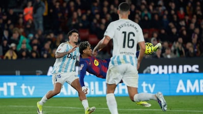 Barcelona's Lamine Yamal going for a bicycle kick (AP)