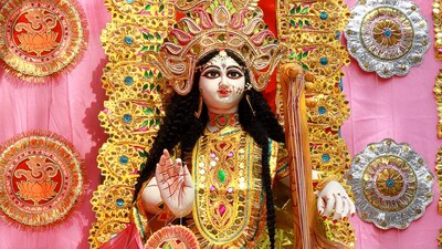 Happy Basant Panchami 2026 celebration with Goddess Saraswati and yellow festive decor. (Image: Shutterstock) 