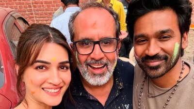 Kriti Sanon, Aanand L Rai and Dhanush on the sets of Tere Ishk Mein.
