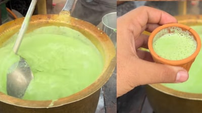 The vendor stirs the matcha with a long steel ladle. (Photo Credit: Instagram)