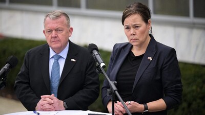 Danish Foreign Minister Lars Løkke Rasmussen and Greenland's Foreign Minister Vivian Motzfeldt speak during a news conference at the Danish Embassy in Washington, DC. (IMAGE: AFP) 