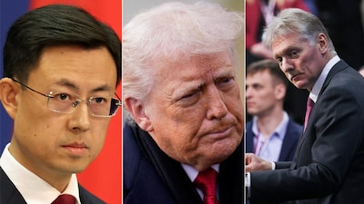 Kremlin spokesman Dmitry Peskov and China’s Guo Jiakun react after Donald Trump says global security depends on US control of Greenland. (IMAGE: REUTERS)