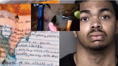 A handwritten note and weapons recovered by the FBI (left and centre) and the suspect arrested for an ISIS-inspired New Year’s Eve attack plot (right). (IMAGE: AP/@FBICharlotte/X) 