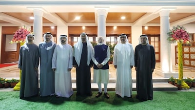 PM Modi welcomes members of the family of His Highness Sheikh Mohamed bin Zayed Al Nahyan in New Delhi. (Image: X/@narendramodi)