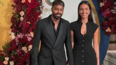 Hardik Pandya and Mahieka Sharma arrive hand in hand at the United in Triumph event in Mumbai.