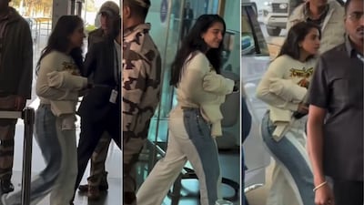 Radhika Merchant keeps it effortlessly chic at the Udaipur airport, pairing dual-toned Rag & Bone denim with a classic Dior graphic top for a polished yet relaxed travel look.