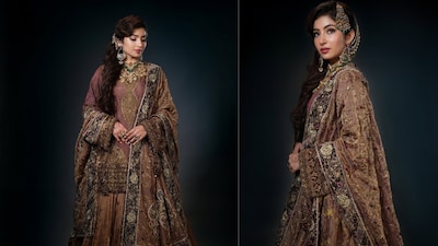 Sara Arjun channels regal elegance in a lampi-work lehenga by Divani for Dhurandhar, bringing Mughal-era metal craftsmanship into a striking cinematic frame.