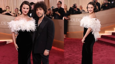 Selena Gomez arrives at the Golden Globes in a sleek black Chanel couture gown with feathered detailing, debuting a chic short bob and classic red lip that channel timeless Hollywood glamour.
