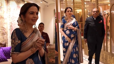 Nita Ambani elevates timeless elegance in a richly woven Banarasi silk saree, paired with regal gold jewellery and a classic gajra-adorned bun—celebrating India’s heritage in style.