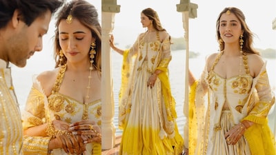 Nupur Sanon glows at her Haldi ceremony in a custom yellow-and-ivory gota lehenga by Sukriti & Aakriti, layered with delicate gold jewellery and soft, effortless beauty, a perfect blend of tradition, joy, and modern bridal elegance 