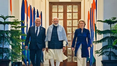 Prime Minister Narendra Modi with European Council President Antonio Costa, left, and European Commission President Ursula von der Leyen, right, during their meeting at the Hyderabad House, in New Delhi. (Image: PMO India)