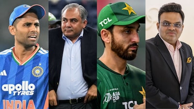 From left: India captain Suryakumar Yadav, PCB chair Mohsin Naqvi, Pakistan captain Salman Agha and ICC chair Jay Shah.(PC: AFP, AP, AFP, PTI)