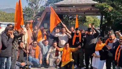 Members of Rastriya Bajrang Dal, Moment Kalki and Yuva Rajput Sabha protest over seat allocation at SMVD Medical College in Katra in November.