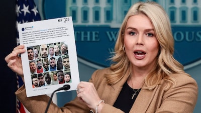 White House Press Secretary Karoline Leavitt shows a copy of a post on X during a press briefing at the White House in Washington, DC, US. (IMAGE: REUTERS) 