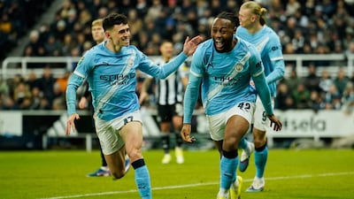 Man City's Antoine Semenyo celebrates his goal with Phil Foden (AP)
