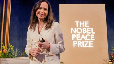 Nobel Peace Prize laureate Maria Corina Machado attends a press conference at the Grand Hotel in Oslo, Norway. (IMAGE: REUTERS) 
