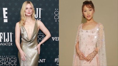 (L-R) Elle Fanning in archival Ralph Lauren, Ariana Grande in custom Alberta Ferretti